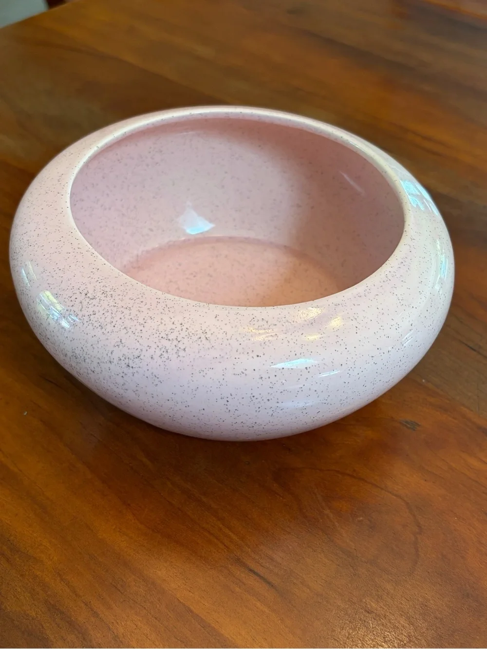 Vintage MCM Bauer Speckled Pink Flower Bowl including Glass Flower Frog